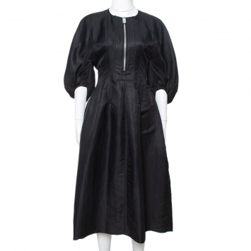 Pre Owned Celine Black Linen Zip Front Balloon Sleeve Dress M