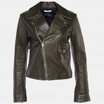Pre Owned Celine Khaki Green Leather Biker Jacket S