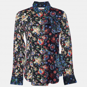 Pre Owned Celine Black Floral Printed Silk Tie Detail Shirt M