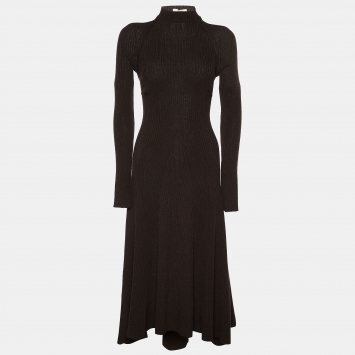 Pre Owned Celine Brown Wool Knit Open Back High Neck Midi Dress L