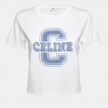 Pre Owned Celine White Logo Print Cotton Crew Neck T-Shirt XS
