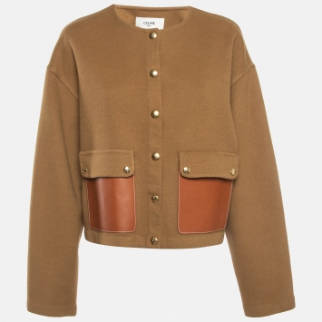 Pre Owned Celine Brown Cashmere Leather Pocket Detail Cardigan M