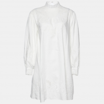 Pre Owned Celine White Cotton & Linen Embroidered Shift Dress M