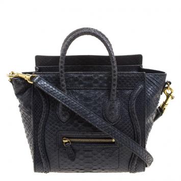 Pre Owned Celine Navy Blue Python Nano Luggage Tote