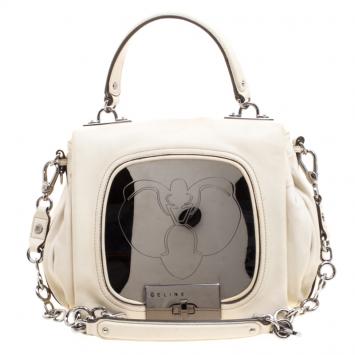 Pre Owned Celine Off White Leather Metal Panel Flap Shoulder Bag