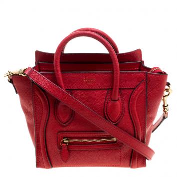 Pre Owned Celine Red Grain Leather Nano Luggage Tote