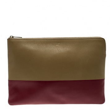 Pre Owned Celine Dark Beige/Red Leather Solo Clutch Pouch