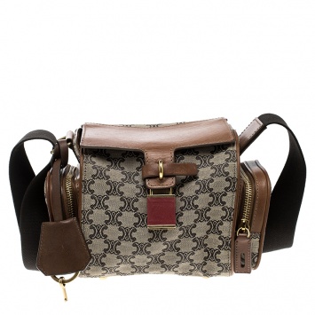 Pre Owned Celine Brown/Cognac Monogram Canvas and Leather Mini Camera Crossbody Bag