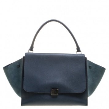 Pre Owned Celine Blue Leather and Suede Large Trapeze Tote