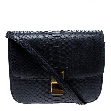 Pre Owned Celine Navy Blue Python Medium Classic Box Shoulder Bag