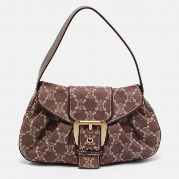 Pre Owned Celine Burgundy Macadam Denim and Leather Shoulder Bag