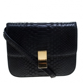 Pre Owned Celine Black Python Medium Classic Box Shoulder Bag
