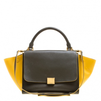 Pre Owned Celine Khaki/Yellow Leather Small Trapeze Tote