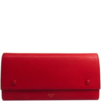 Pre Owned Celine Red Drummed Leather Large Multifunction Flap Wallet 