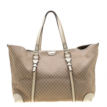 Pre Owned Celine Beige/Off White Macadam Canvas And Croc Embossed Shopper Tote 