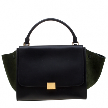 Pre Owned Celine Black/Green Leather and Suede Medium Trapeze Tote