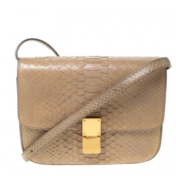 Pre Owned Celine Beige Python Medium Classic Box Shoulder Bag