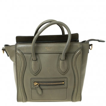 Pre Owned Celine Dark Lime Green Leather Nano Luggage Tote