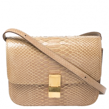Pre Owned Celine Beige Python Medium Classic Box Shoulder Bag