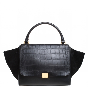 Pre Owned Celine Black Croc Embossed Leather and Suede Medium Trapeze Bag