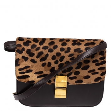 Pre Owned Celine Brown Leopard Print Leather and Calfhair Medium Classic Box Shoulder Bag