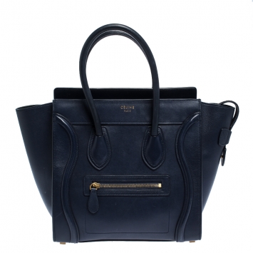 Pre Owned Celine Navy Blue Leather Micro Luggage Tote