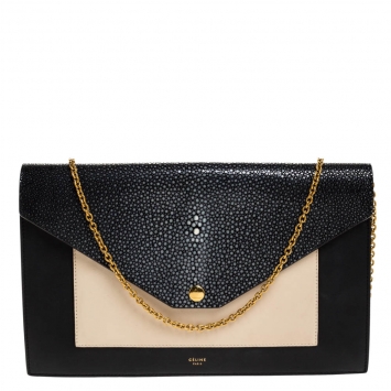 Pre Owned Celine Black/Cream Leather and Stingray Pocket Chain Clutch