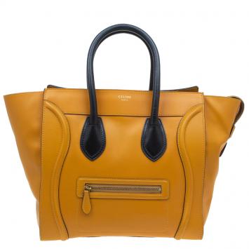 Pre Owned Celine Tan Black Handle Leather Mini Luggage Tote