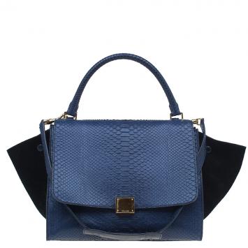 Pre Owned Celine Navy Blue Python Suede Medium Trapeze Bag