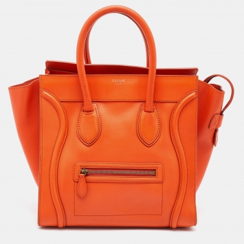 Pre Owned Celine Orange Leather Mini Luggage Tote