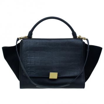 Pre Owned Celine Black Croc Embossed Medium Trapeze Tote