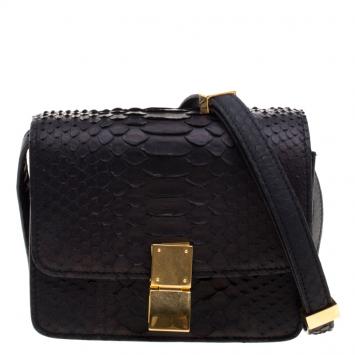 Pre Owned Celine Black Python Small Classic Box Flap Bag