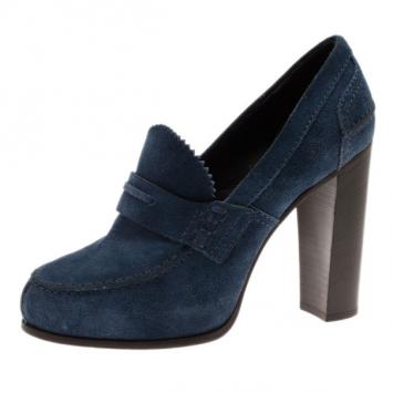 Pre Owned Celine Blue Suede Loafer Platform Pumps Size 38