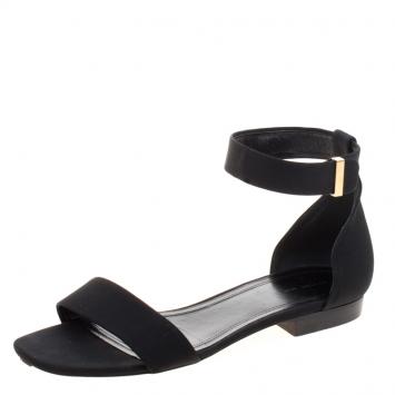 Pre Owned Celine Black Fabric Ankle Strap Flat Sandals Size 38