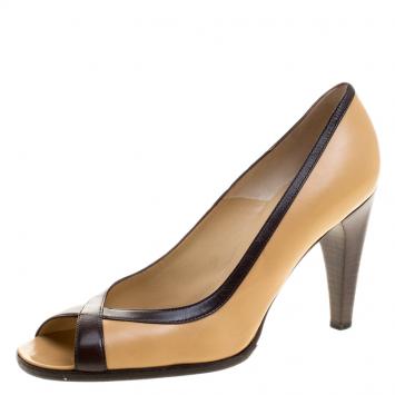 Pre Owned Celine Two Tone Leather Peep Toe Pumps Size 37.5