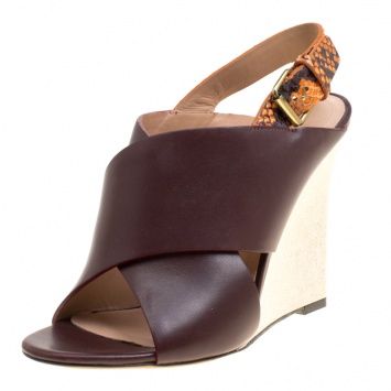 Pre Owned Celine Burgundy/Multicolor Leather and Python Slingback Wedge Sandals Size 37