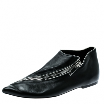 Pre Owned Celine Black Leather Pointy Zipped Ballet Flats Size 37