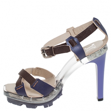 Pre Owned Celine Purple/Brown Cross Leather and Plexiglass Platform Ankle Strap Sandals Size 38.5