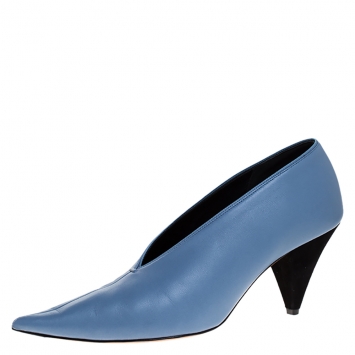 Pre Owned Celine Light Blue Leather V Neck Pointed Toe Pumps Size 38