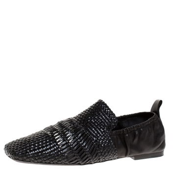 Pre Owned Celine Black Woven Leather Basket Scrunch Loafers Size 38.5