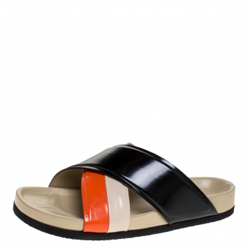 Pre Owned Celine Multicolor Leather Cross Strap Flat Slide Sandals Size 39