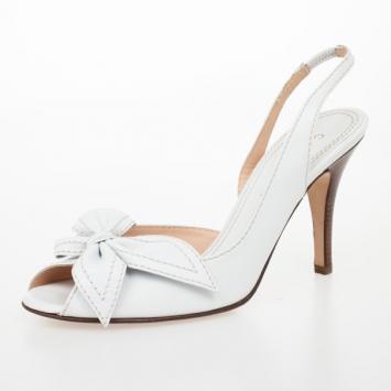 Pre Owned Celine White Leather Bow Peep Toe Slingback Sandals Size 40