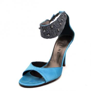 Pre Owned Celine Blue Satin Ankle Strap Embellished Sandals Size 37.5