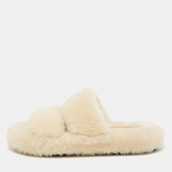 Pre Owned Celine White Fur Flat Slides  Size 39