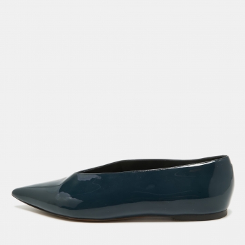 Pre Owned Celine Navy Blue Patent Leather V Neck Ballet Flats Size 37.5