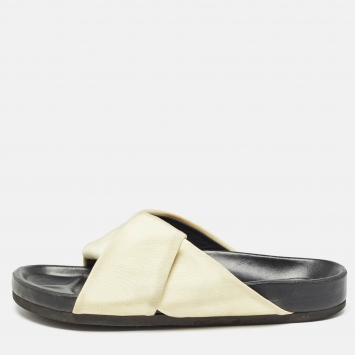 Pre Owned Celine Cream/Black Fabric Twist Slide Flats Size 37