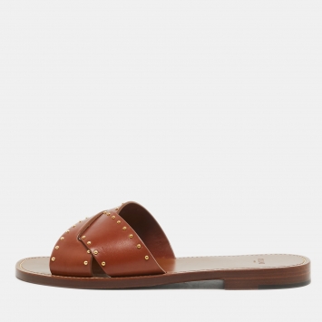 Pre Owned Celine Brown Leather Studded Lerins Flat Slides Size 40