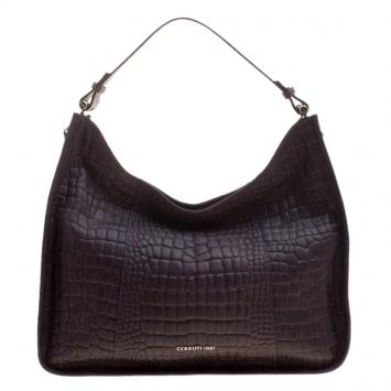 Pre Owned Cerruti 1881 Purple Croc Embossed Leather Alison Hobo