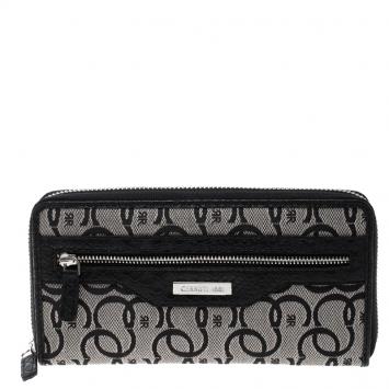Pre Owned Cerruti 1881 Black Canvas and Croc Embossed Leather Trim Anna Zip Around Wallet