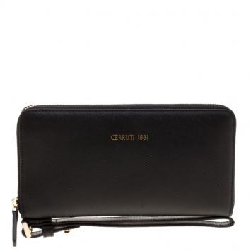 Pre Owned Cerruti 1881 Black Leather Cerrutic Zip Around Wristlet Wallet